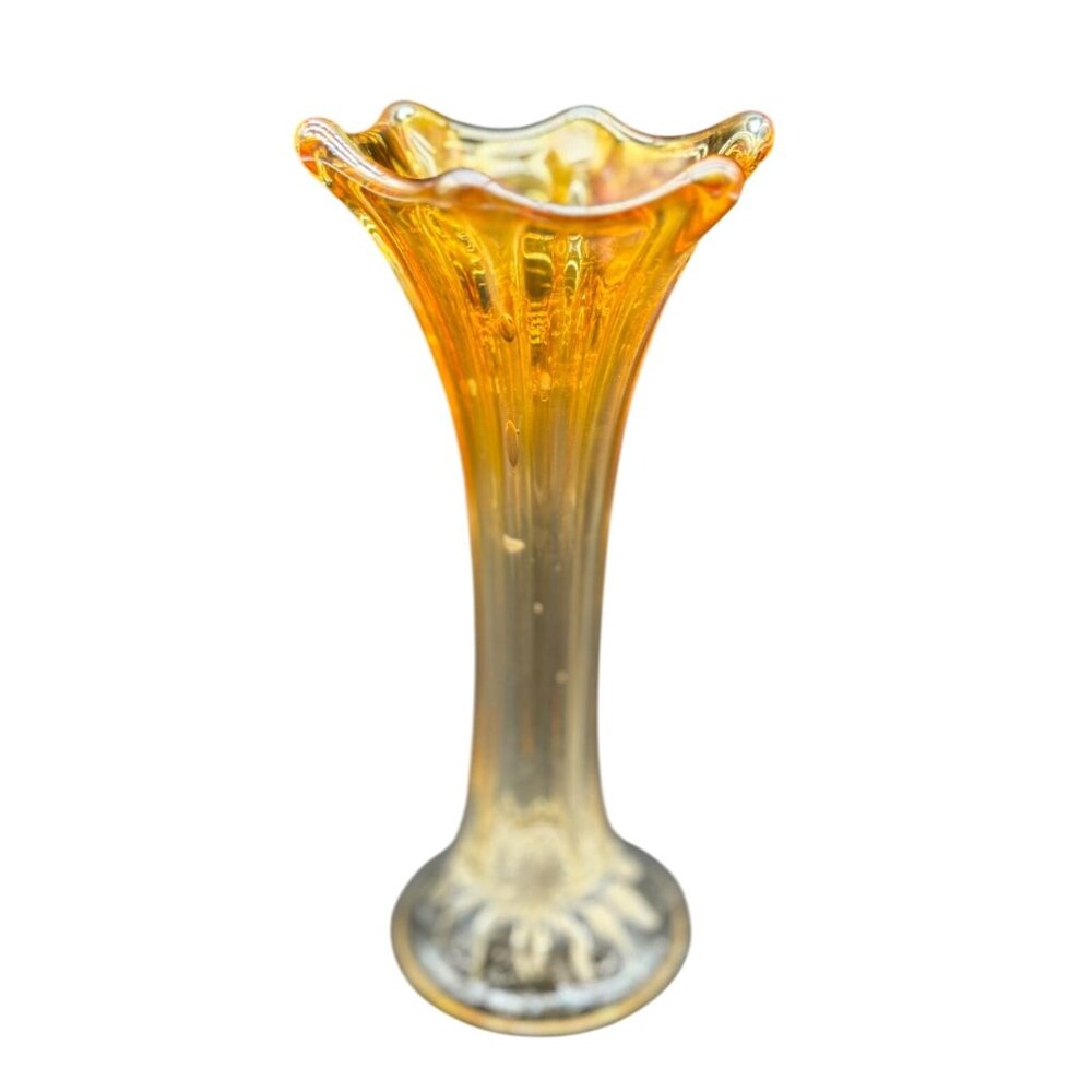 Vintage Amber Iridescent Dugan Carnival Glass Trumpet Vase With Ruffled Edge 7"H